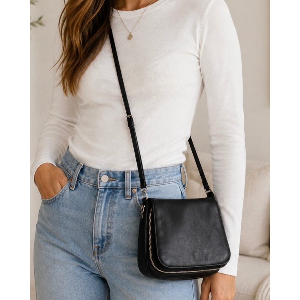 Margot Black Leather Crossbody Bag Flap Magnetic Snap Adjustable Strap